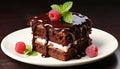 Freshness and indulgence on a plate chocolate cake with raspberry generated by AI
