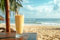 Tropical fruits pineapple juice on sunny beach under palm shadow. Generative AI Royalty Free Stock Photo
