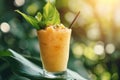 Freshness mango, passion fruit cocktail on tropical leaves under palm shadow. Generative AI Royalty Free Stock Photo