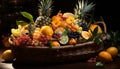 Freshness of nature bounty pineapple, orange, grape, leaf, wood generated by AI