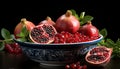 Freshness and nature in a bowl, ripe pomegranate seed dessert generated by AI