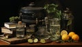 Freshness of nature fruit, healthy eating, rustic table, old fashioned alchemy generated by AI