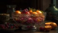 Freshness and nature on a wooden table, bowl of ripe oranges generated by AI