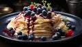 Freshness on a plate: berry fruit, pancake, dessert, gourmet, raspberry generated by AI