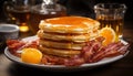 Freshness on plate Close up of gourmet pancake stack on wood table generated by AI