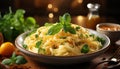 Freshness on plate healthy pasta, homemade tomato sauce, rustic parmesan generated by AI Royalty Free Stock Photo