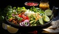 Freshness on a plate healthy salad, gourmet guacamole, grilled seafood generated by AI