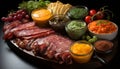 Freshness on plate meat, pork, tomato, bread, bacon, salad generated by AI