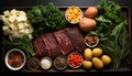 Freshness on plate meat, vegetable, steak, tomato, beef, onion generated by AI