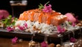 Freshness on plate Sashimi slice, rice, seafood, and gourmet generated by AI Royalty Free Stock Photo