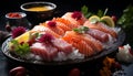 Freshness on a plate seafood, sashimi, meat, fish, vegetable, fillet, salad generated by AI Royalty Free Stock Photo