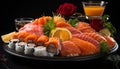 Freshness on a plate seafood, sashimi, nigiri, maki sushi, prawn generated by AI