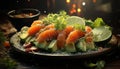 Freshness on plate seafood, sashimi, salad, avocado, grilled, healthy eating generated by AI