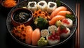Freshness on plate sushi, sashimi, seafood, rice, avocado, nori generated by AI