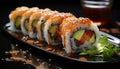 Freshness rolled up on plate, maki sushi, avocado, sashimi, crockery generated by AI