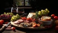 Freshness on a rustic table grape, tomato, meat, bread, wood generated by AI