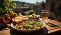 Freshness on a rustic table healthy salad, gourmet bread, wine generated by AI Royalty Free Stock Photo