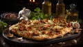 Freshness on rustic wood table homemade pizza, mozzarella, garlic, tomato generated by AI Royalty Free Stock Photo