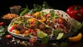 Freshness and spice on a plate, a Mexican gourmet taco meal generated by AI