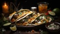 Freshness and spice on a rustic wood plate, Mexican feast generated by AI