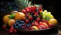 Freshness of summer berries on a wooden table, nature delight generated by AI