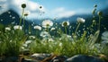 Freshness of summer meadow green grass, yellow chamomile, blue sky generated by AI