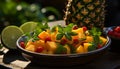 Freshness of summer pineapple, citrus fruit, and mint leaf salad generated by AI Royalty Free Stock Photo