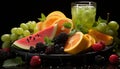 Freshness of summer raspberry, grape, mint leaf, strawberry, blueberry, watermelon generated by AI