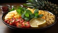 Freshness and sweetness in a gourmet summer dessert pineapple, strawberry, and mint leaf on a wooden plate generated by Royalty Free Stock Photo