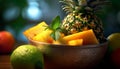 Freshness and sweetness in a healthy pineapple slice on a table generated by AI