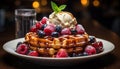 Freshness and sweetness on a plate berry waffle with raspberry sauce generated by AI Royalty Free Stock Photo