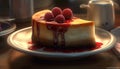 Freshness and sweetness on a plate, a gourmet raspberry cheesecake generated by AI