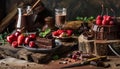 Freshness and sweetness on a rustic table food, chocolate, dessert, fruit Royalty Free Stock Photo