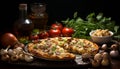 Freshness on table gourmet pizza, wood material, mozzarella close up generated by AI Royalty Free Stock Photo