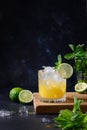 Freshness tropical lemonade with lime, orange and mint on black. Vertical format Royalty Free Stock Photo