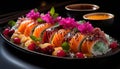 Freshness and variety on a plate of gourmet seafood generated by AI Royalty Free Stock Photo