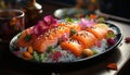 Freshness and variety on a plate, a gourmet seafood meal generated by AI Royalty Free Stock Photo