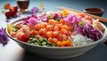 Freshness and variety on a plate gourmet seafood salad with sashimi generated by AI Royalty Free Stock Photo