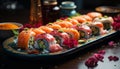 Freshness and variety on a plate of gourmet seafood sushi generated by AI Royalty Free Stock Photo