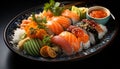 Freshness and variety on a plate of healthy Japanese seafood generated by AI Royalty Free Stock Photo