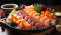 Freshness and variety on a plate sushi, sashimi, seafood, and more generated by AI Royalty Free Stock Photo