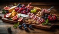 Freshness and variety on rustic wood table fruit, meat, cheese generated by AI