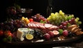 Freshness and variety on a rustic wood table fruit, meat, cheese, wine generated by AI