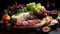 Freshness and variety on a rustic wooden table grapes, bread, salami, cheese, and wine generated by AI
