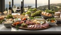 Freshness and variety on the table gourmet meat, wine, and fruit generated by AI