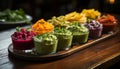 Freshness and variety on a wooden table gourmet salad, guacamole, fruit generated by AI Royalty Free Stock Photo