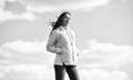 Freshness of wind. Matching style and class with luxury and comfort. Beauty and fashion look. Windy day. Girl jacket Royalty Free Stock Photo