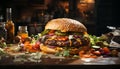 Freshness on a wooden table gourmet burger, grilled meat, vegetables generated by AI