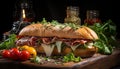 Freshness on a wooden table gourmet sandwich with prosciutto and vegetables generated by AI