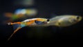 Freshwater aquarium dwarf fish Guppy endler, Poecilia wingei, bright adult male chase a female in biotope tank